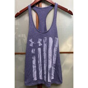 Under Armour Racerback Tank Womens Medium Blue Gray USA Flag Logo Cotton Blend